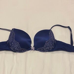 Victoria's Secret Navy Satin Push-Up Bra with Lace Trim